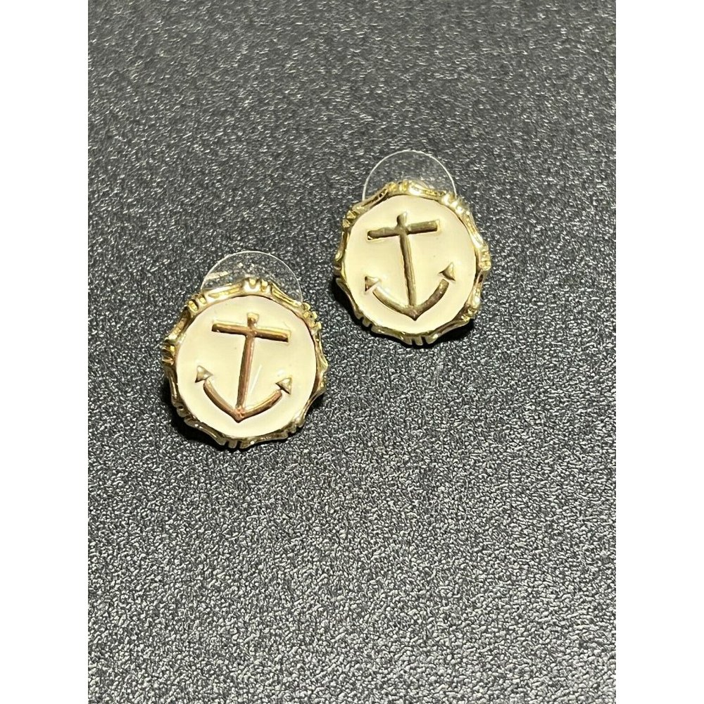Pink Pineapple Anchor Enamel Earrings Gold tone Ivory Pierced NWOT Gift Nautical